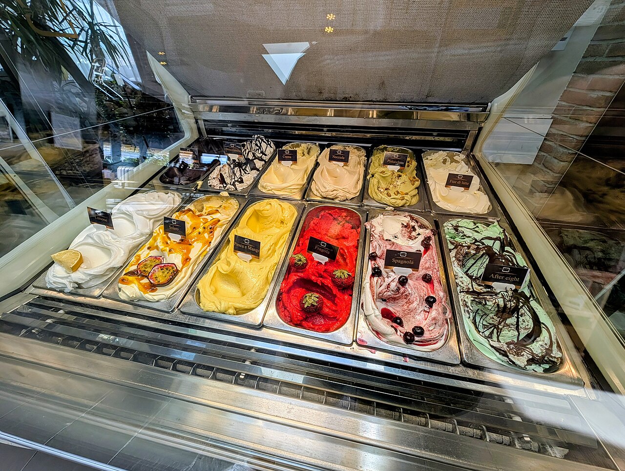 Artisan gelato in a gelateria display