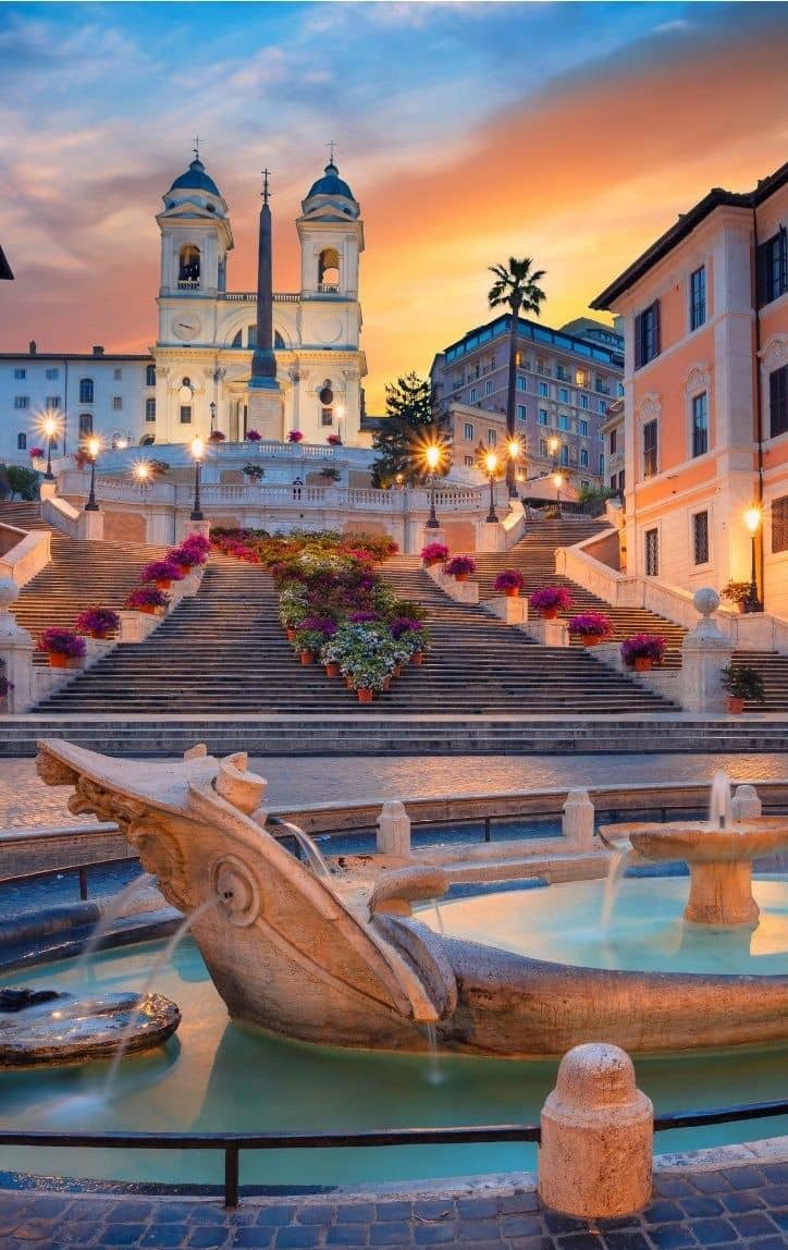 The Spanish Steps in bloom at sunset